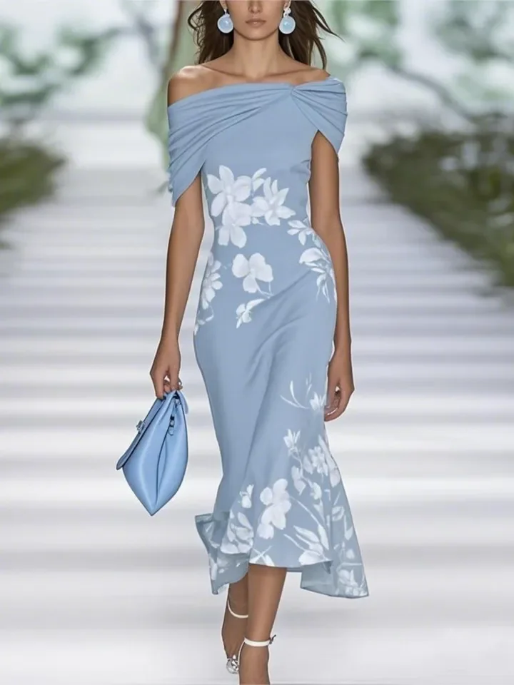 ชุดเดรสลายดอกไม้สุดหรู สไตล์แฟชั่นผู้หญิง เซ็กซี่ เปิดไหล่ แขนสั้น ชุดเดรสสำหรับผู้หญิง ใส่ไปงานปาร์ตี้วันหยุด กระโปรง เสื้อผ้า