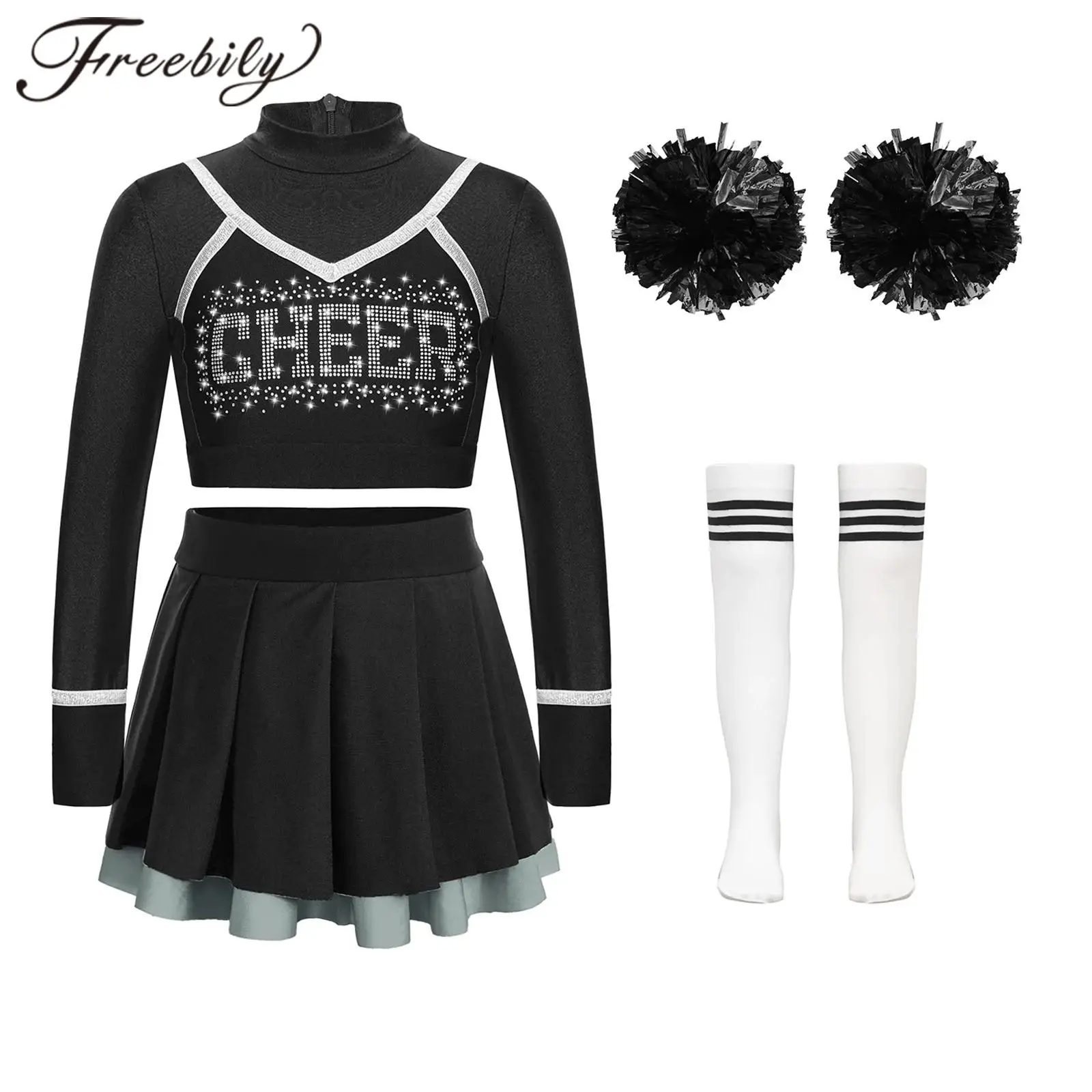 Kid Girls Cheerleading Uniform Cheerlead Dance Outfit Crop Top Pleated Skirt Flower Balls Socks for Cheering Team Dancewear Sets