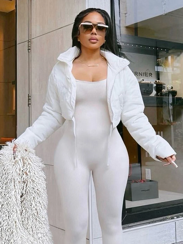 

Cutenew Hipster Zip Crop Jacket Women Warm Chic Pocket Turtleneck Full Sleeve Ribbon Street Basic Winter Puffer Quilted Parkas