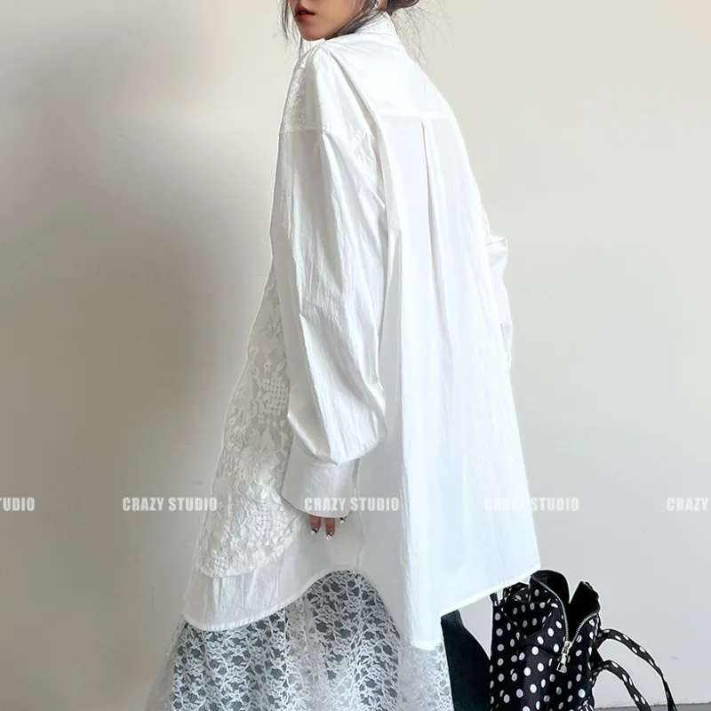 BJTZ Weiße Spitze Patchwork Gefälschte Zwei-stück Langarm Shirt Für Frauen Frühling Sommer 2025, Neue Designer Schwere Industrie lose Top