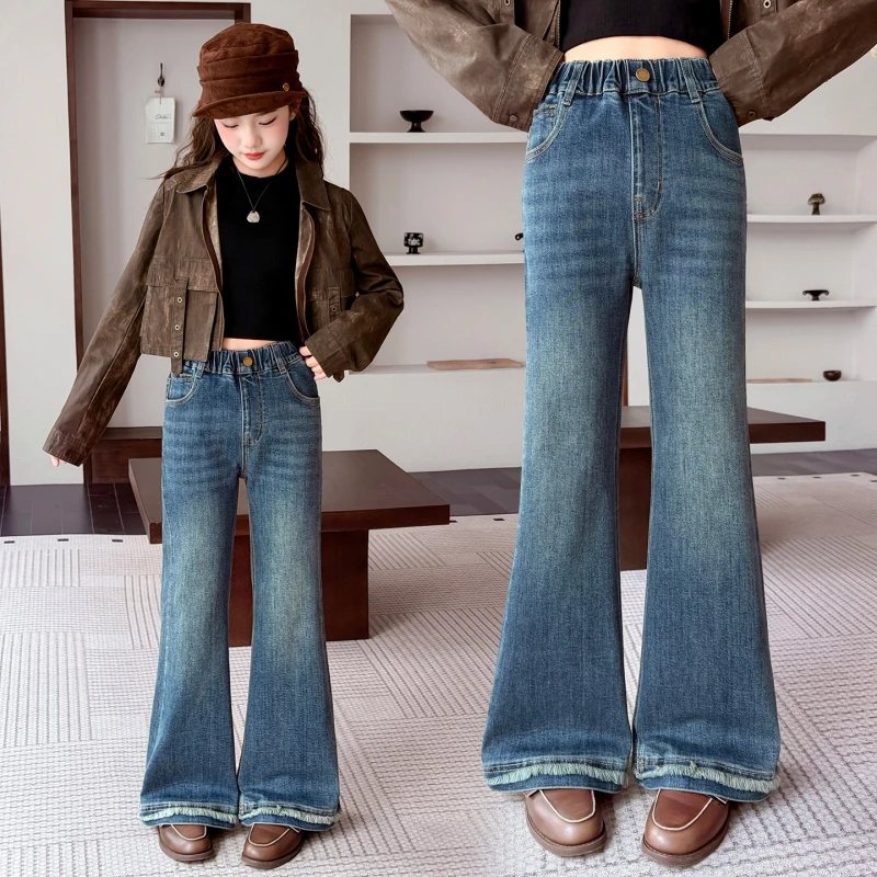 Teen Girls Vintage Flared Denim Jeans Spring Autumn Brushed Non-Stretch Elastic Back Waist Frayed Raw Hem Casual Daily Pants