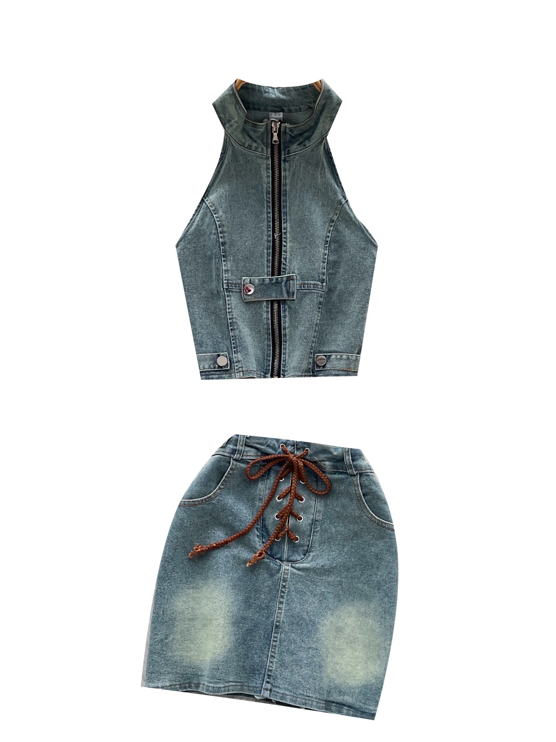 

Американский ретро джинсовый комплект для горячих девушек, женский летний дизайн, жилет на молнии, подвесной жилет с поясом, юбка Faion Ensemble