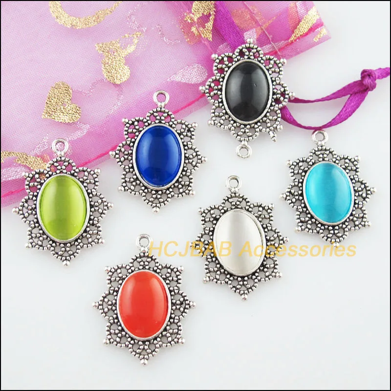 

12Pcs Tibetan Silver Plated Flower Mixed CatEye Stone Charms Pendant Connectors 23x29mm