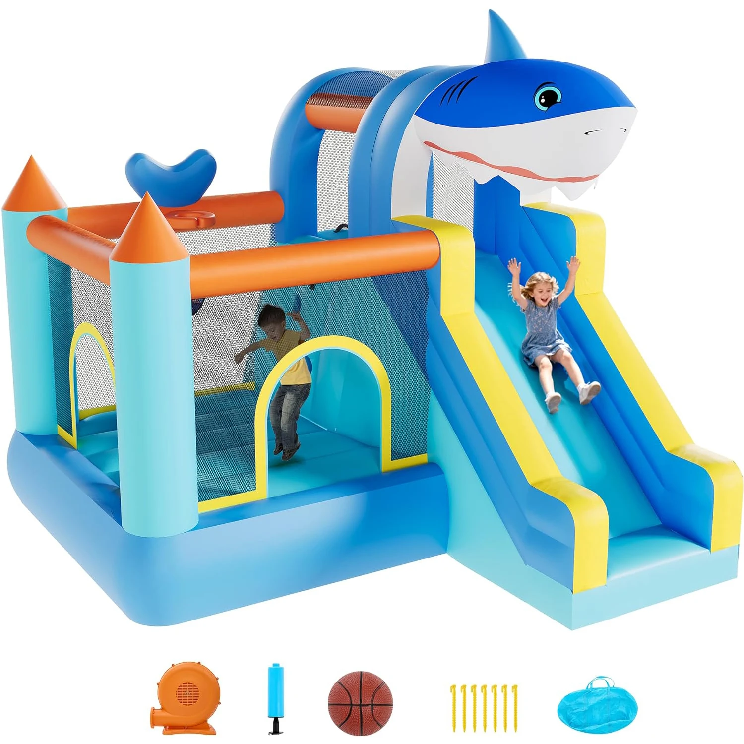 

Durable Inflatable Bounce House for Kids with Slide, Climbing Wall & Basketball Hoop - Safe Enclosed Outdoor Indoor Bouncy Castle Play Center with Blower for Ages 3-12 Years