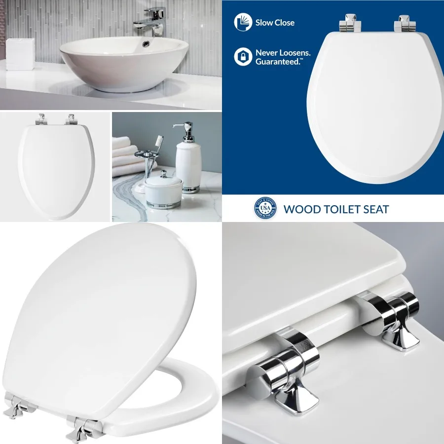 

Bennett Toilet Seat with Chrome Hinges Slow Close Wood Seat for Bathroom Use Secure Metal Hinges for Durability Easy Installati
