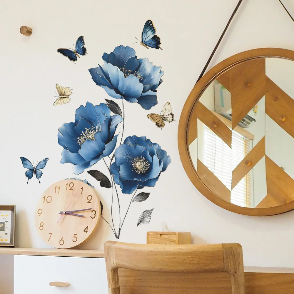 Blauer Blumen-Schmetterling, Schlafzimmer, Wohnzimmer, Eingangsbereich, Kleiderschrank, Heimdekoration, Wandtapete, selbstklebend