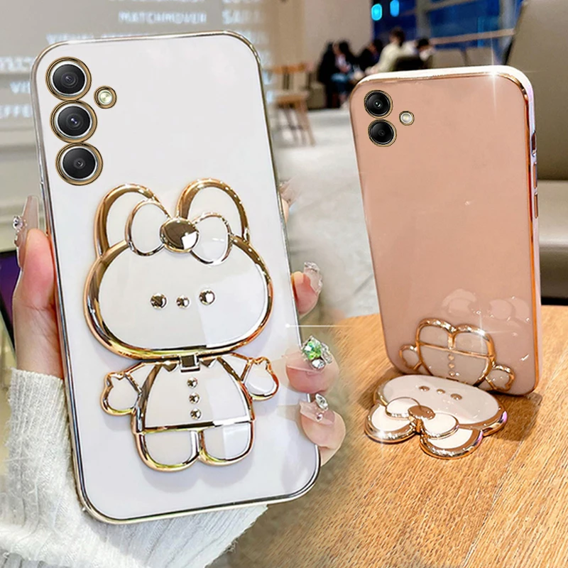 Rabbit Mirror Phone Holder Case On For Samsung Galaxy A25 A35 A55 A54 A34 A03 A03 A13 A14 A15 A01 A02 A03 A04 A05 4G 5G Cover