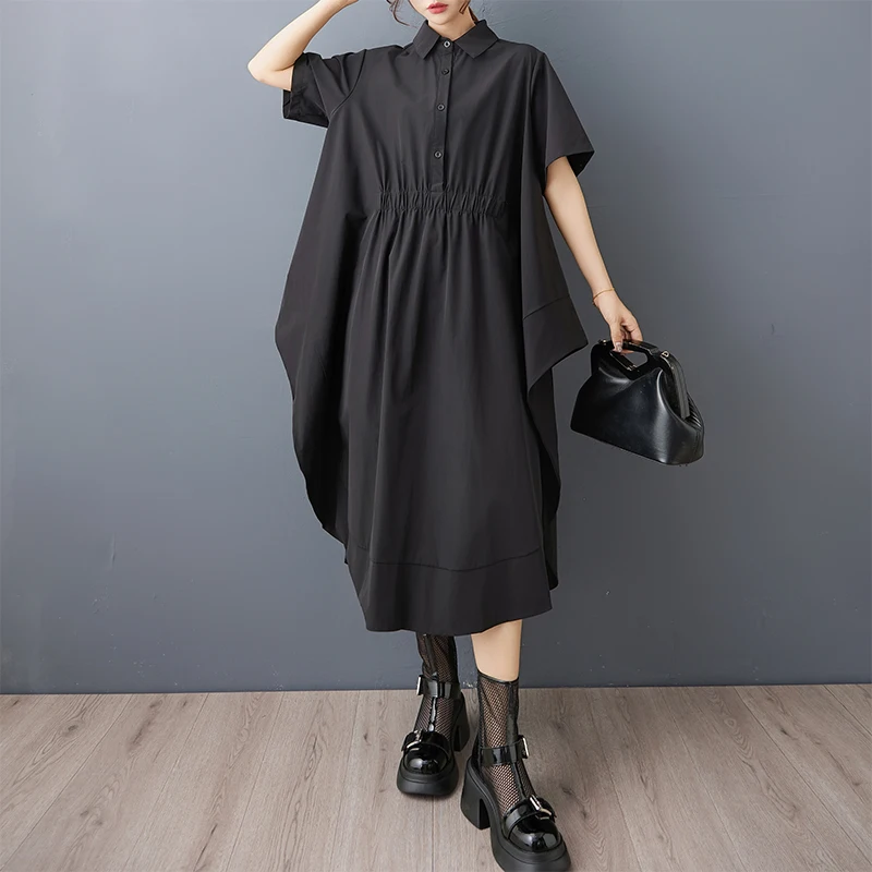 Gonna camicia in stile occidentale dal design di nicchia irregolare scuro, abito ampio che copre la pancia alla moda con spacco laterale