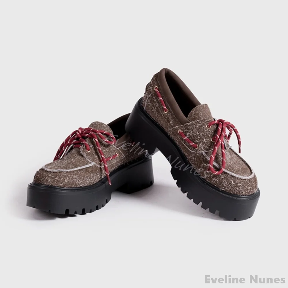 Retro Lace-Up Suede Loafers Women Round Toe Chunky Heel Thick Sole Brown/black Casual Shoes 2025 Spring Autumn New Fashion Shoes