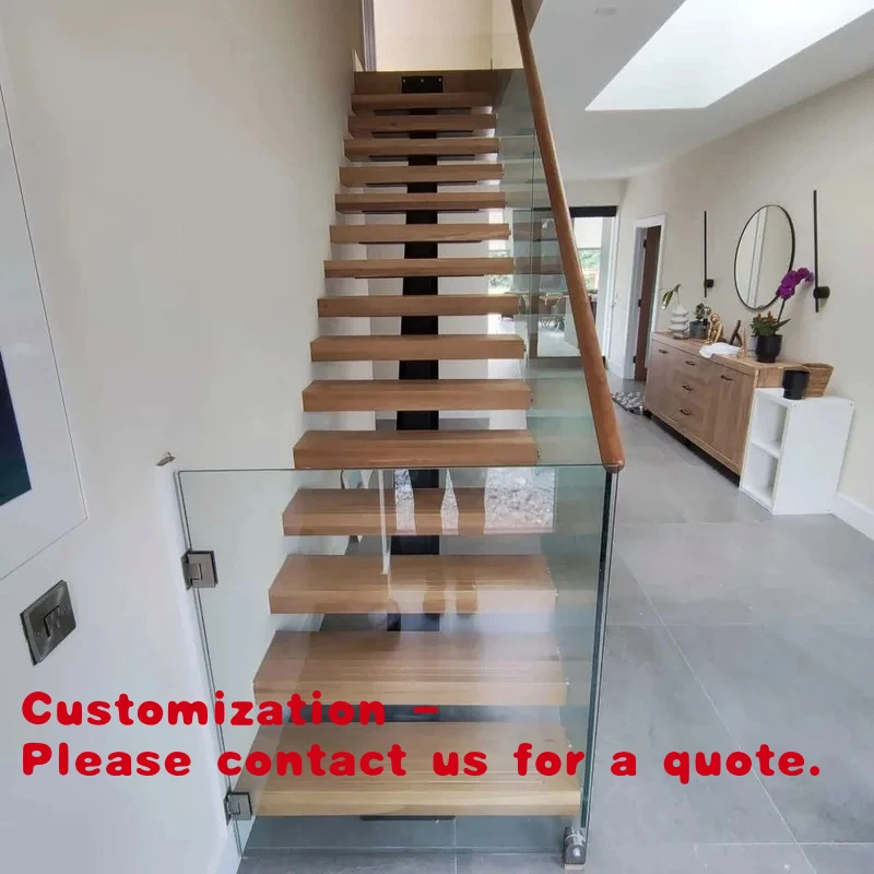 custom.Floating Straight Wood and Steel Stair Stringer with Iron Cantilevered Stairs-Durable Indoor Modern Design