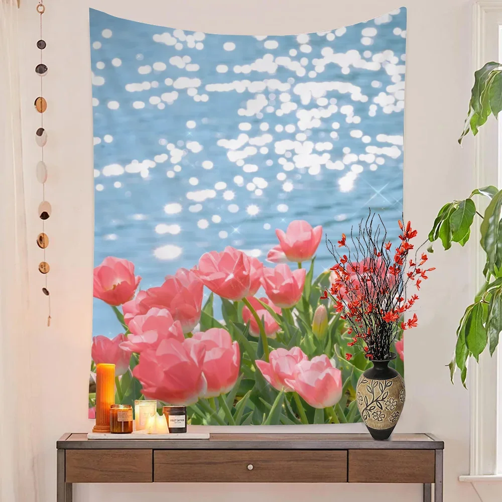 Beautiful Tulips Tapestry Printed Large Wall Tapestry Art Science Fiction Room Home Decor Decor Blanket