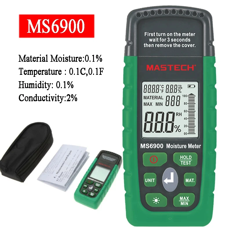 

MASTECH MS6900 Mini Digital Moisture Meter Accurate and Versatile Wood/Lumber/Concrete Buildings Humidity Tester LCD Display