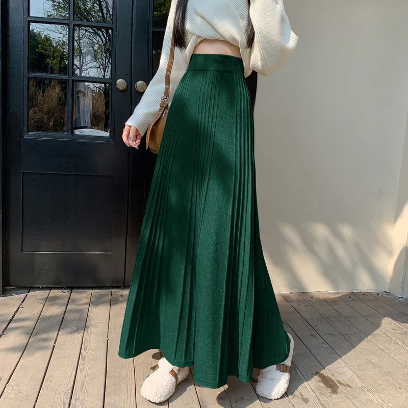 MEXZT Elegant Knitted Midi Skirt Women Fashion High Waist Black Pleated Skirts Fall Winter Ladies Korean Slim A Line Skirt New