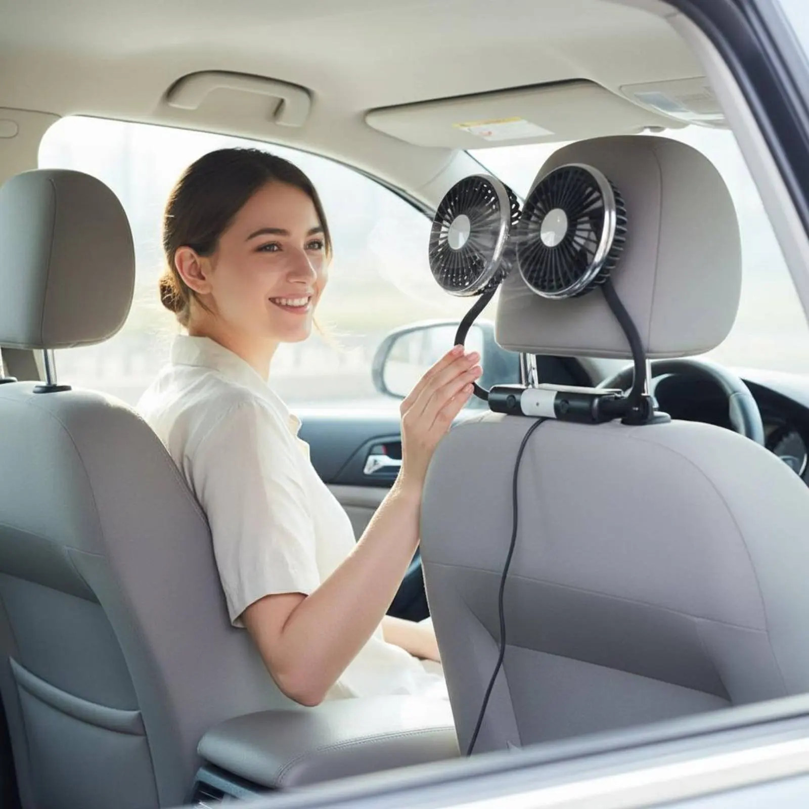 Twin Head Car Fan Easy Installation Car Seat Headrest Fan Adjustable Angle Separate Controls for Infants, Pickups, SUVs