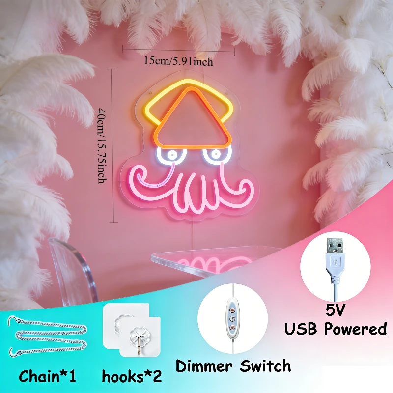 Cute Squid Neon Sign LED Night Light USB Ocean Animal Aesthetic Desk Lamp for Kids Room Bedroom Bar Game Room Home Decor Gift