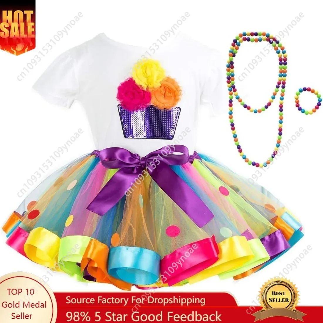 Cake Skirt 2 Piece Set Cute Women Teenager Tutu Skirt Cotton Short Sleeve Top Rainbow Polka Dot Ballet Skirts Necklace Bracelet