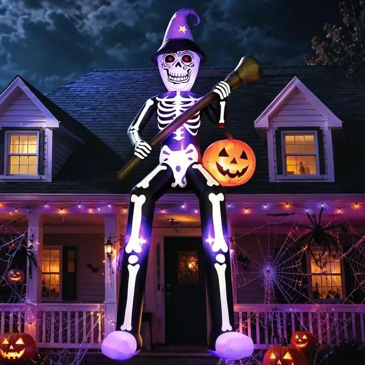 Outdoor Blow Up Giant Wizard Skeleton Broom Pumpkin Halloween LED Yard Lawn Garden Party Decor