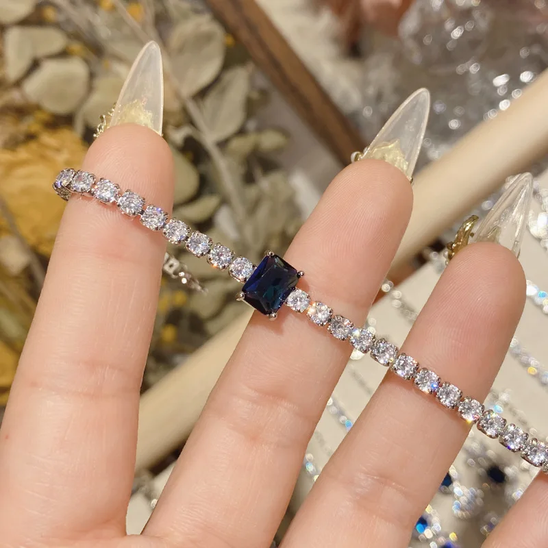 Vintage Fine Jewelry Bracelets for Women Created Sapphire Blue Gemstone Silver Color Handpiece Engagement Party Accessory