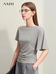 Amii Minimalism Women T-shirts 2024 Summer New Slash Neck Asymmetric Female Modal Shirring Slim Stretch Solid Knit Tops 12452019