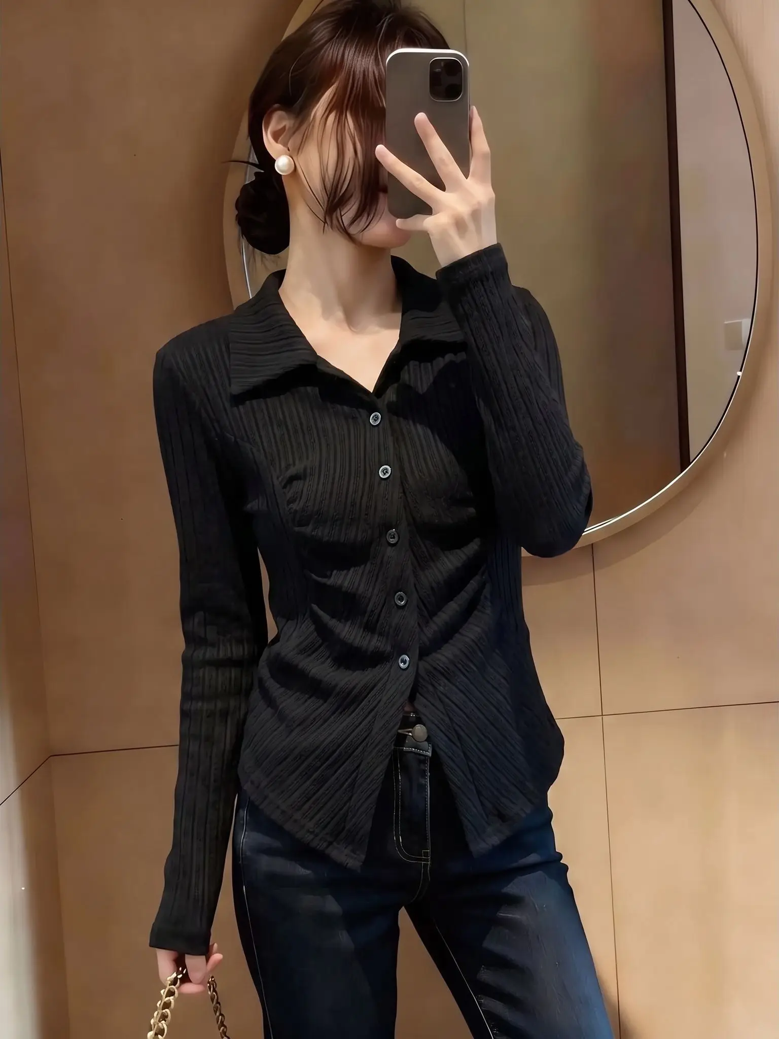 Loose Fit Long Sleeve Knitwear Women's Turn-down Collar Striped Slimming Versatile Style Autumn Season Single Button Large Size