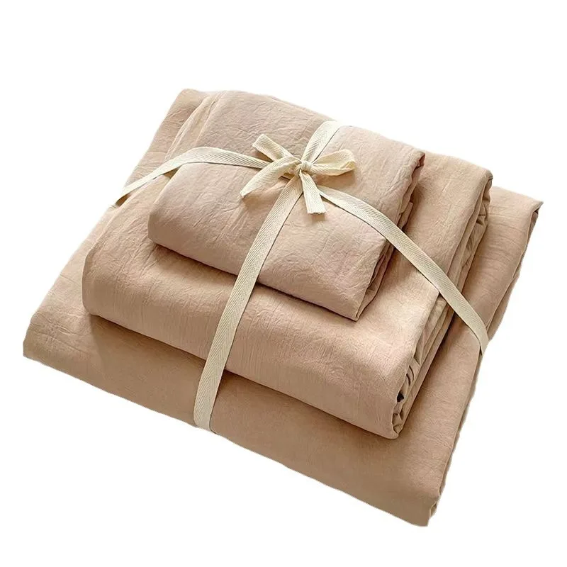 A-class washed cotton bed four piece set solid color linen with bed sheet, down duvet cover, pillowcase, bedding set - Image 4