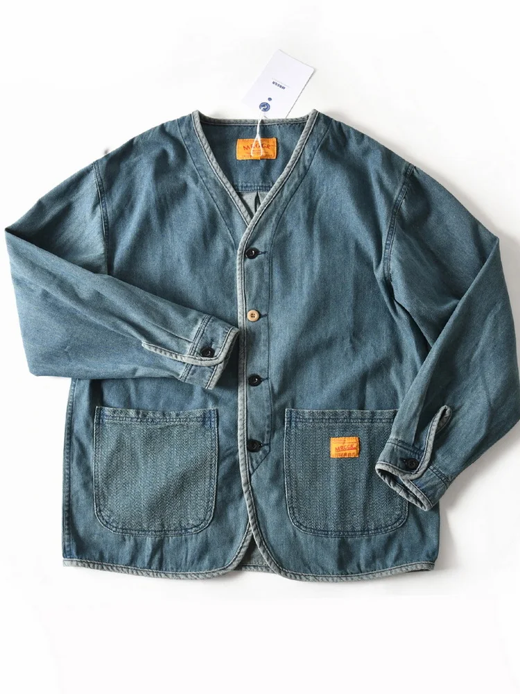 Amekaji American Vintage 100% Cotton Washed Collarless Loose Casual Denim Jacket for Men Autumn V-neck Distressed Outerwear