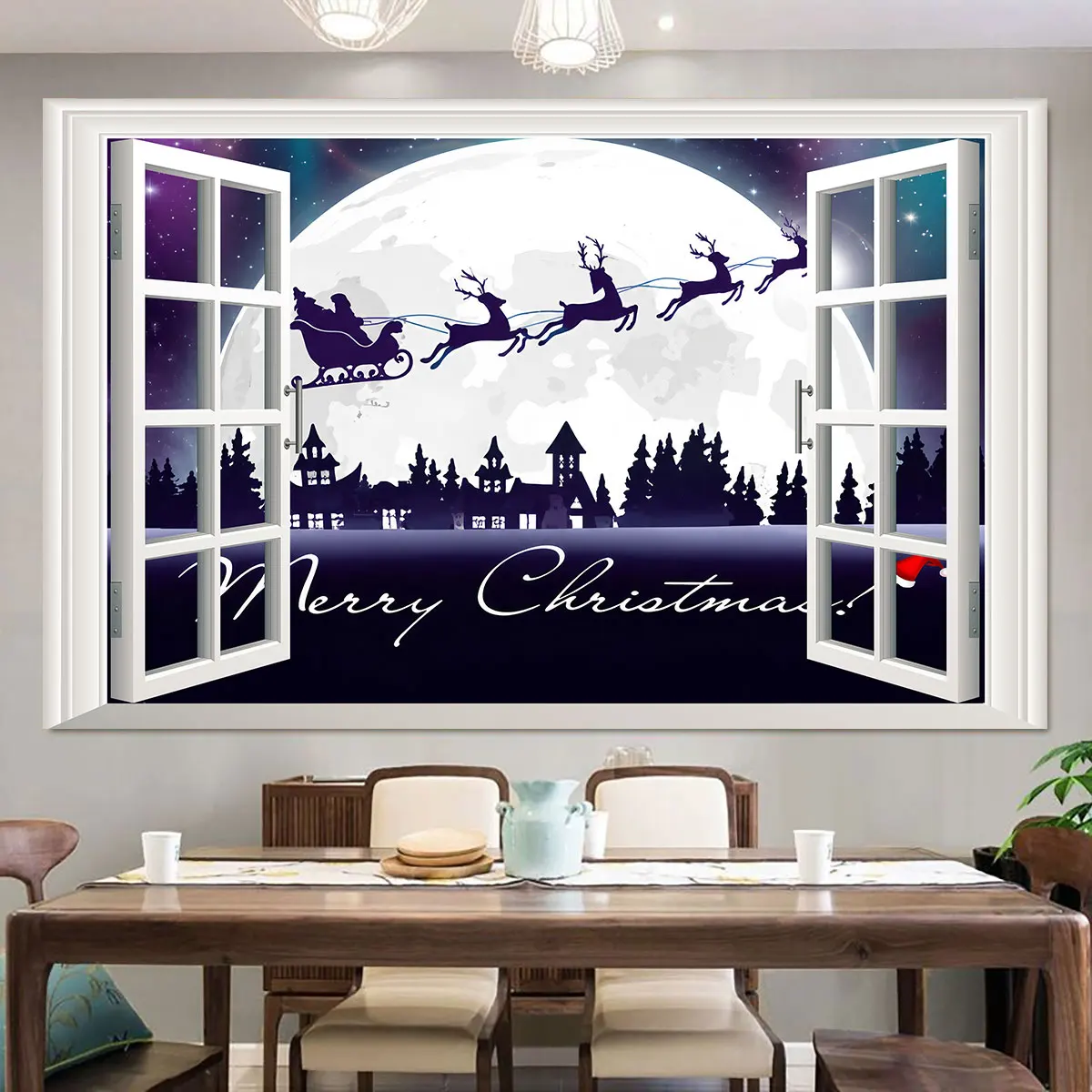 1PC Merry Christmas Night Fake Window View Wall Sticker Reusable Flat Decal Living Room Bedroom Art Wall Decor
