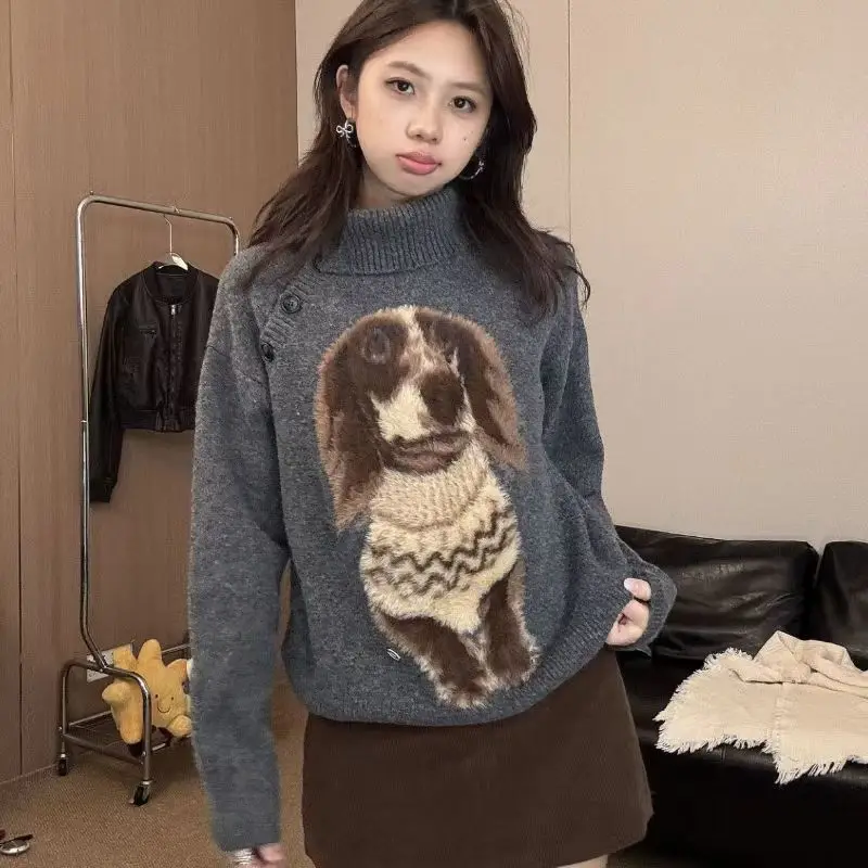 الخريف والشتاء أزياء المرأة الجديدة الأنيقة محبوك هوديي الجاكار الرجعية الراقية فضفاضة عالية الرقبة سترة بأكمام طويلة #1