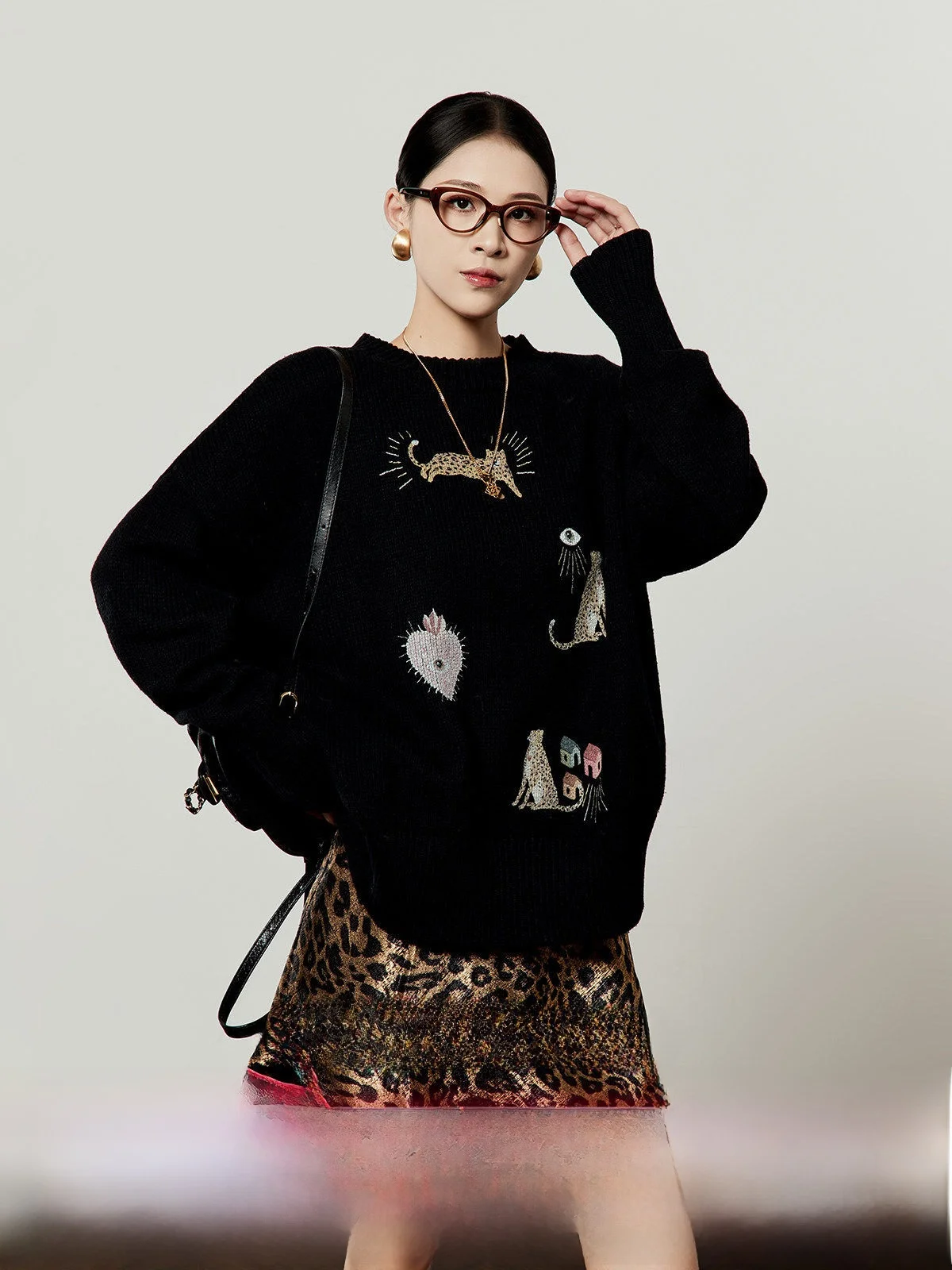 

Bla Knitted Loose round Ne Sweater Women's Casual Printed Winter New Sle Comfortable Fit Knitwear by Zhou Li Wu