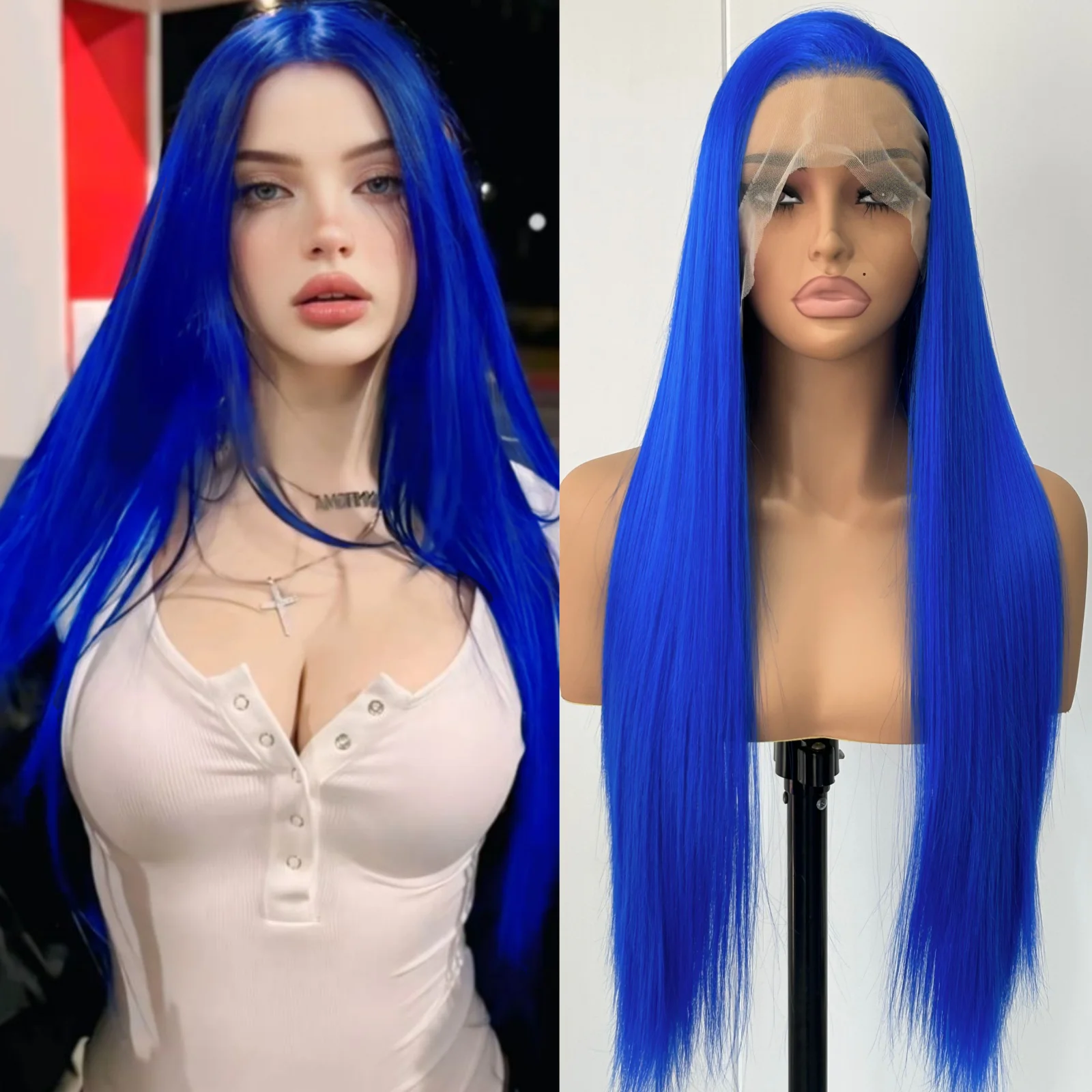 

Royal Blue Long Silky Straight Synthetic Free Part Pre Plucked Hairline Yaki Straight Colored 13X4 Lace Front Wigs for Women