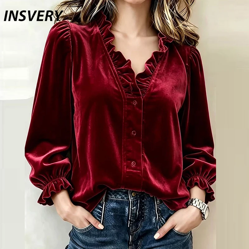 Autumn Winter Retro Gold Velvet Blouses Women Fashion V Neck Long Sleeve Button Shirt Red Ruffle Design Loose Blouses