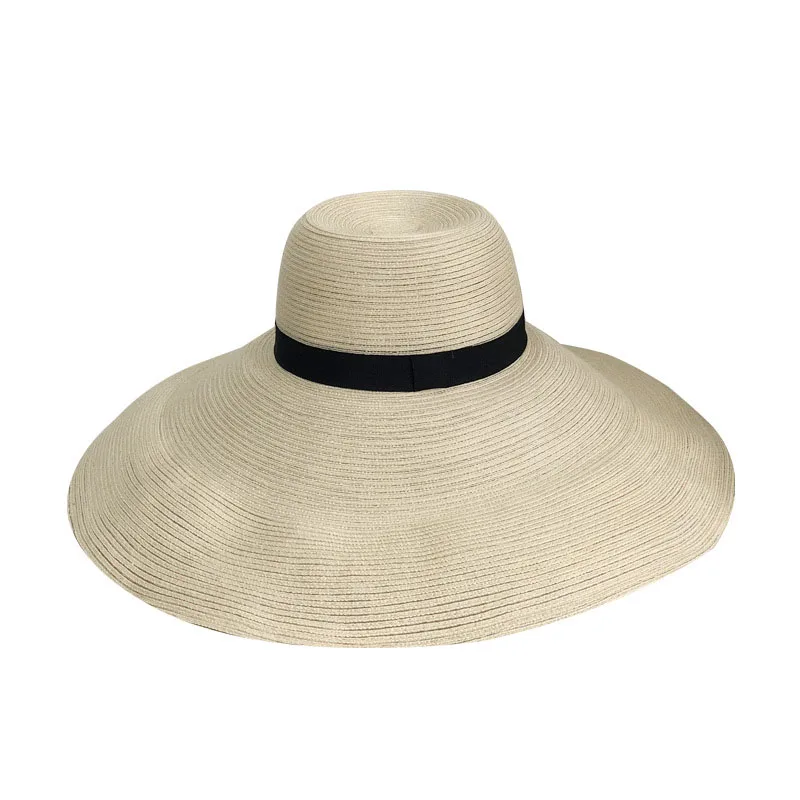 

18CM Large Brim Summer Hat for Women Ribbon Band Sun Hat Packable Floppy Straw Hat Beach Hat Performance Show Visor Travel Hat