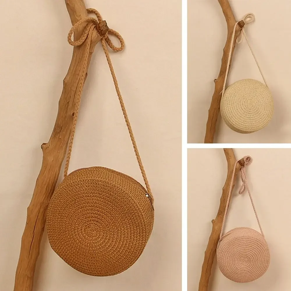 Handmade Knitted Round Straw Bag Beach Crossbody Bag for Ladies Children Cute Shoulder Rattan Woven Candy Color Small Handbag