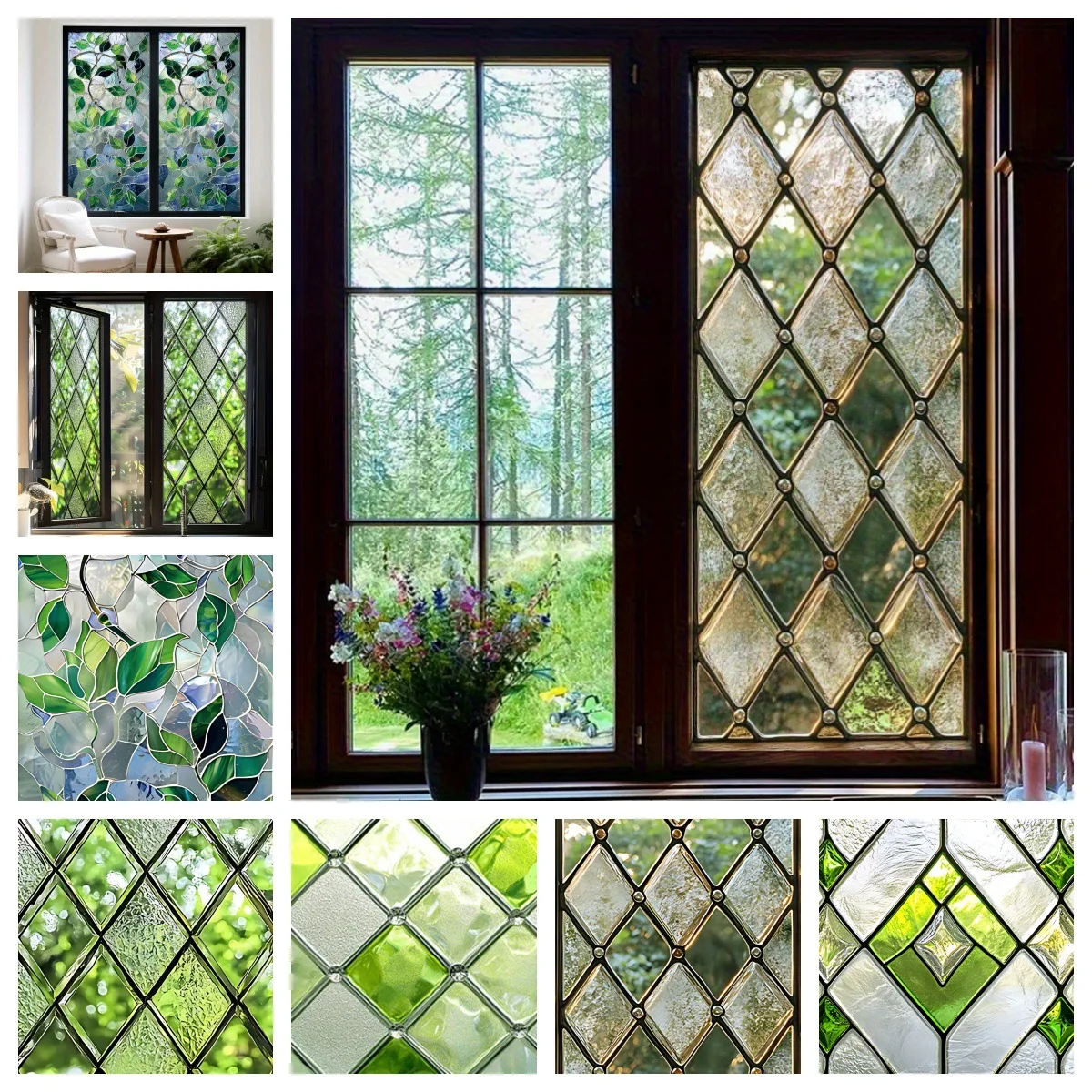 Retro Green Forest Vintage Window Film 45x100cm Transparent PVC Static Cling Glass Sticker for Home Decor Kitchen Office Privacy