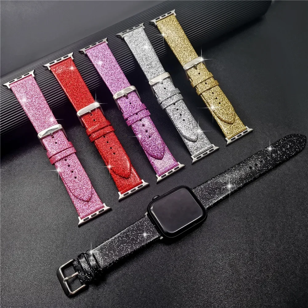 Leather strap For Apple Watch Band Ultra 2 49mm 44mm 41mm 45mm 46mm Women Glitter bracelet iWatch Series 10 9 8 7 6 5 SE Straps