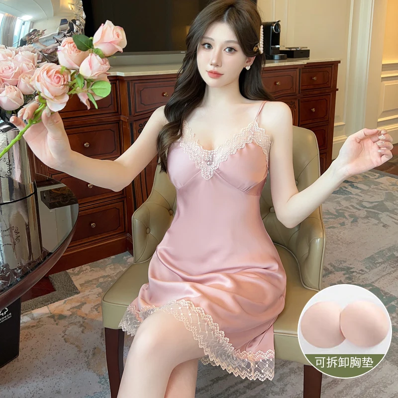 DAIMELU women's ice silk pajamas summer sexy suspender nightdress with chest pad lady nightgown simple sleepwear girl loungewear