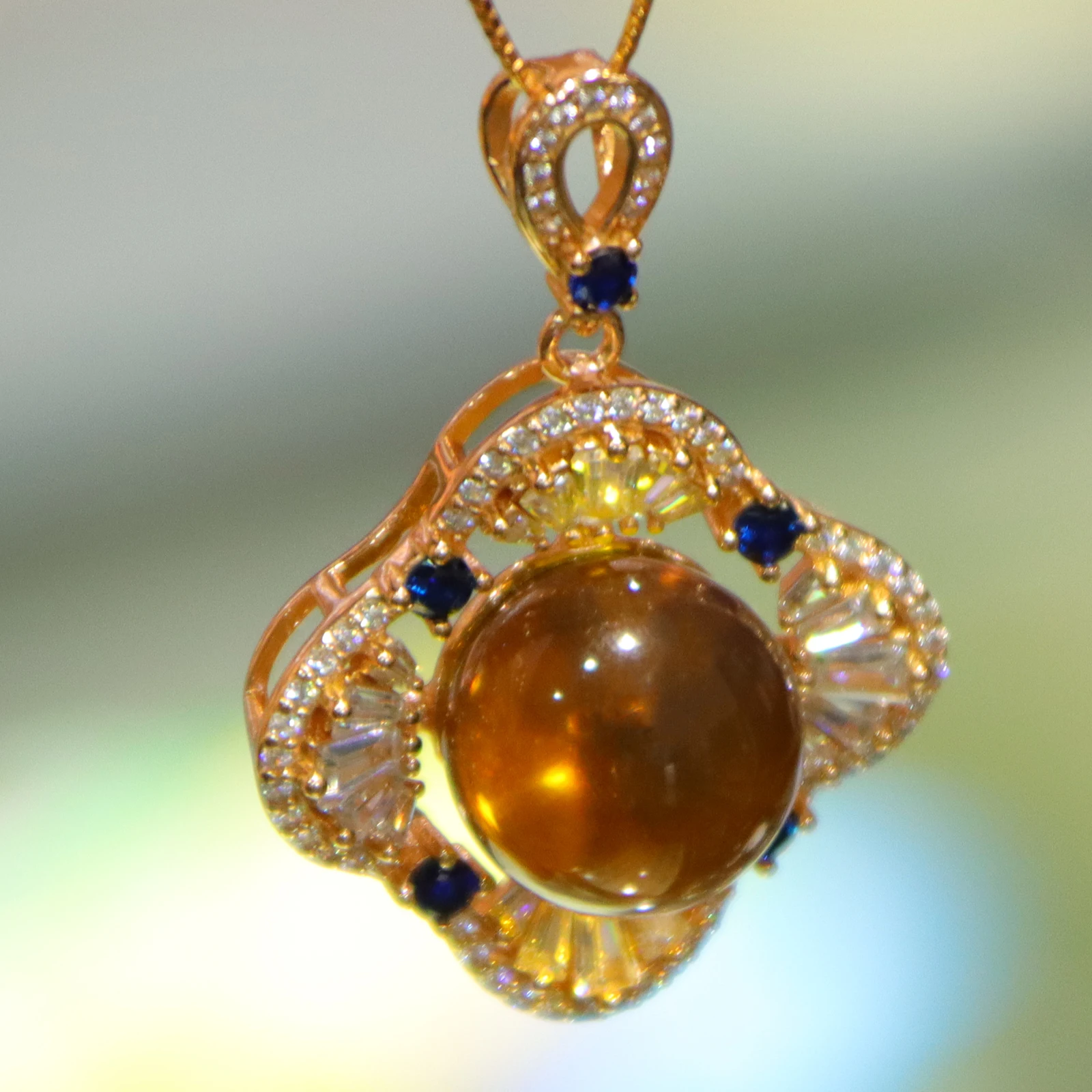 

12mm Natural Blue Amber Pendant Necklace W/ Celtic Clover Bezel - Perfect Anniversary Gift For Her Best Friend