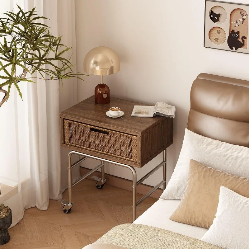 Popular household bedroom design sense niche antique style extremely narrow movable rattan bedside table substitute rack