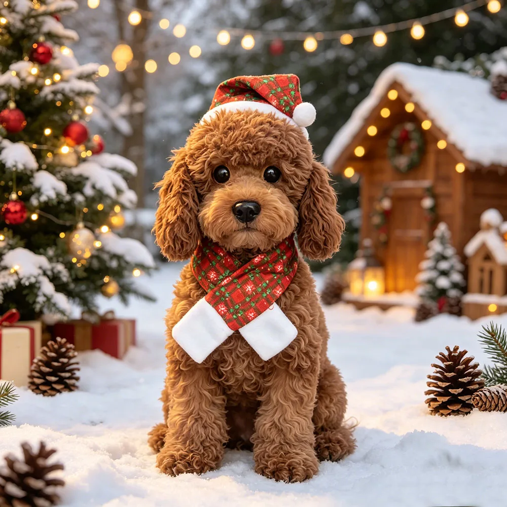 2 Pcs Pet Christmas Hat and Scarf Set, Santa Costume Accessories for Small Dogs and Cats, Adjustable Holiday Outfit for Puppy Ki