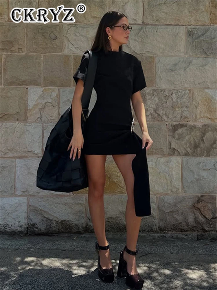 Ladies O-Neck Short Sleeves Lace Up Bodycon Metal Button New Mini Dress Solid Casual Elegant Short Dress Club Streetwear Outfits