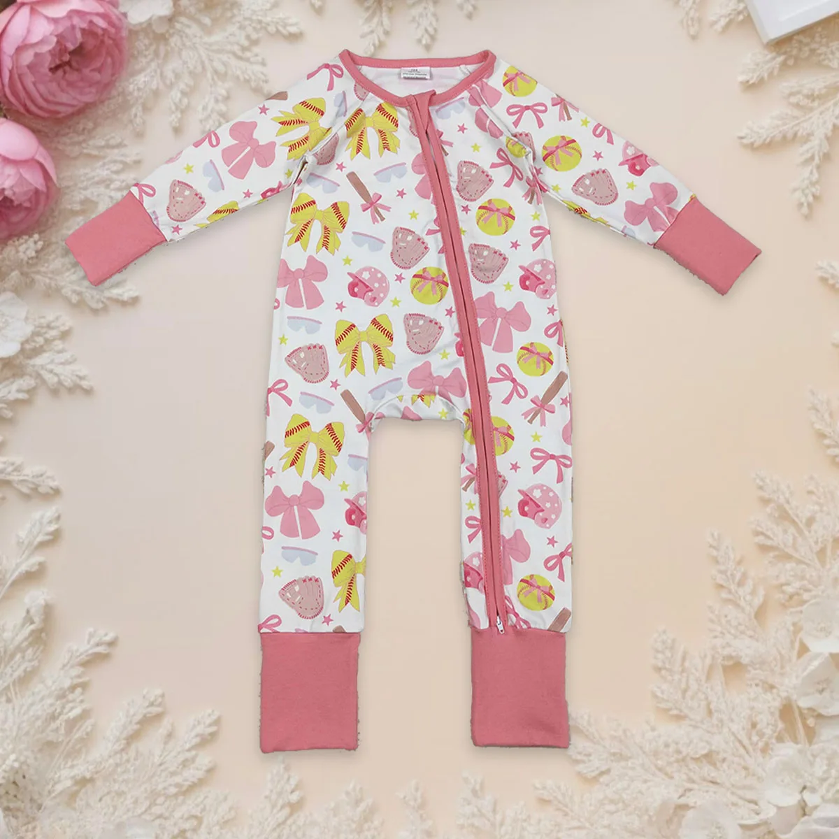 

Комбинезон для сна на молнии для новорожденных, розовый, желтый, бейсбольные банты, одежда для девочек, уютный комбинезон для малышей, повседневный комбинезон