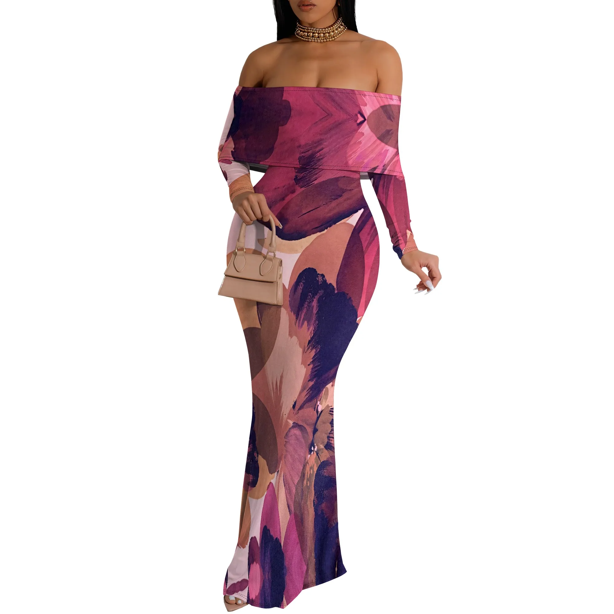 Off-shoulder paarse bloemenprint bodycon maxi-jurk met lange mouwen voor dames zomervakantiejurk