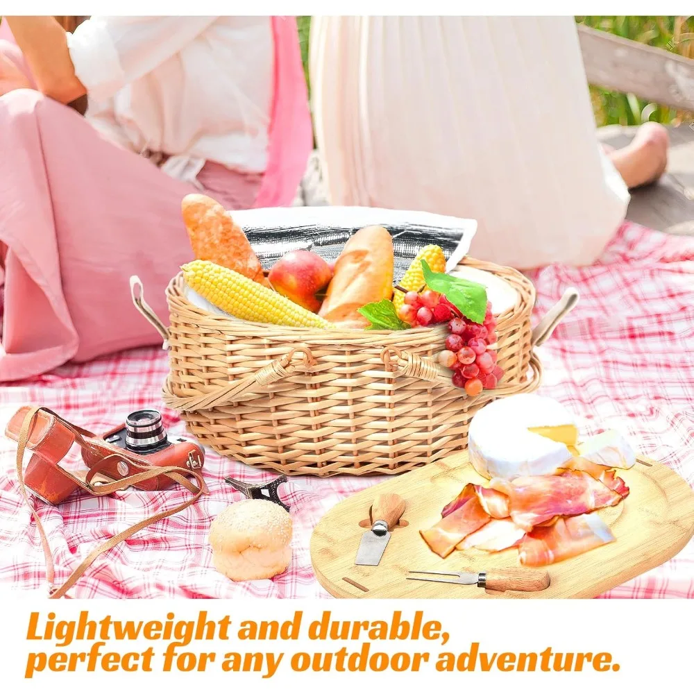 مجموعة سلة نزهة من الخيزران المحمولة مع لوح تقطيع وبطانية - هدية مثالية للأزواج وحفلات الزفاف والنزهات العائلية