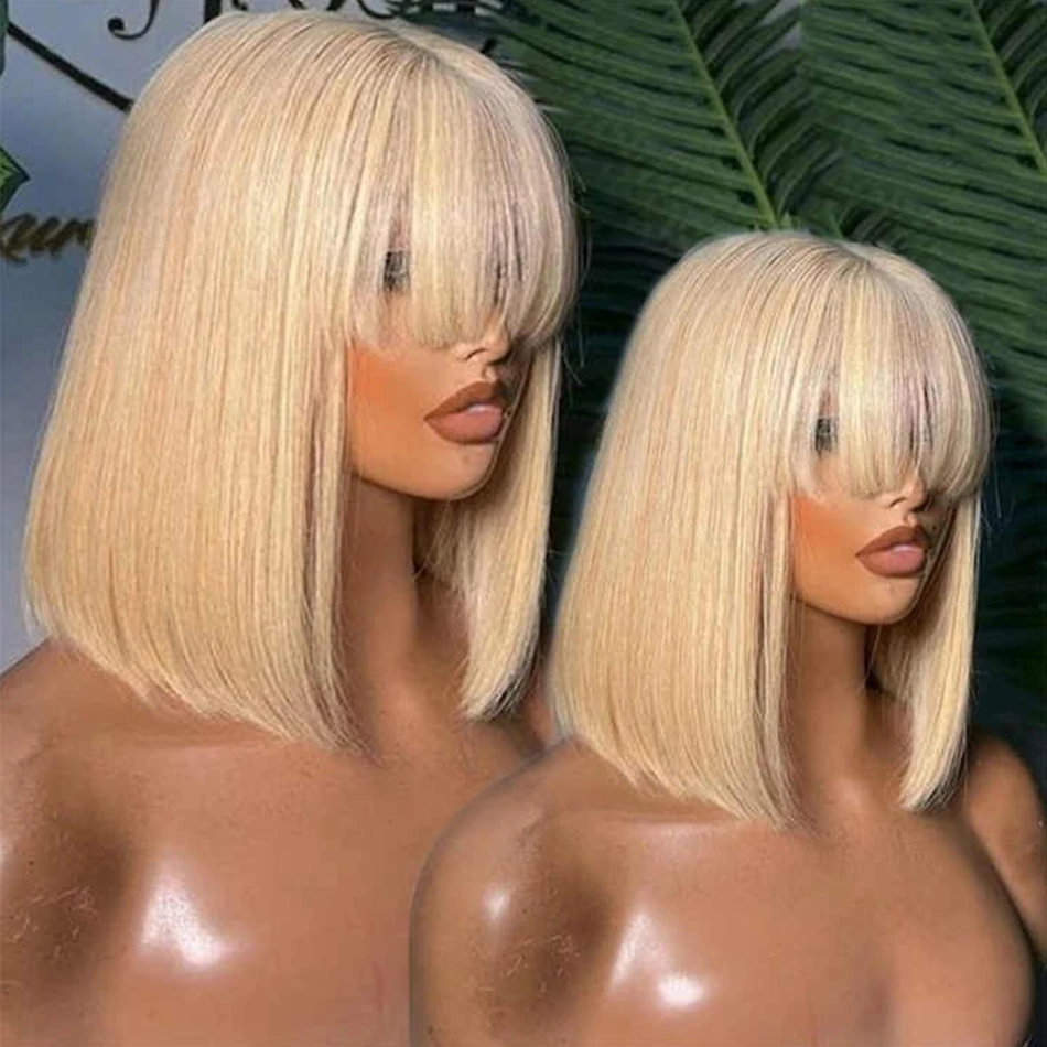 Blonde Straight Human Hair Bob Wig With Bangs Brazilian 180% Density Full Machine Made Wig For Women No Lace Bob Wig 613 Color