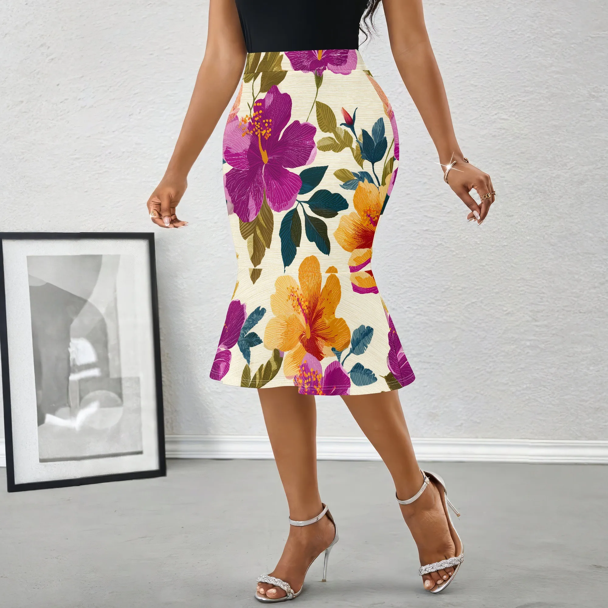 Women Floral Pencil Skirt Purple Hibiscus Print Midi Skirt Ruffle Hem A-Line Skirt, Office Party Wear S-2XL
