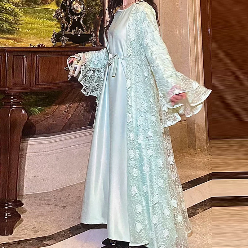 

Элегантный однотонный кружевной свободный костюм для вечеринок, повседневное платье с круглым вырезом, длинное платье, комплект из двух предметов: модный женский наряд с расклешенными рукавами и накидкой-шалью