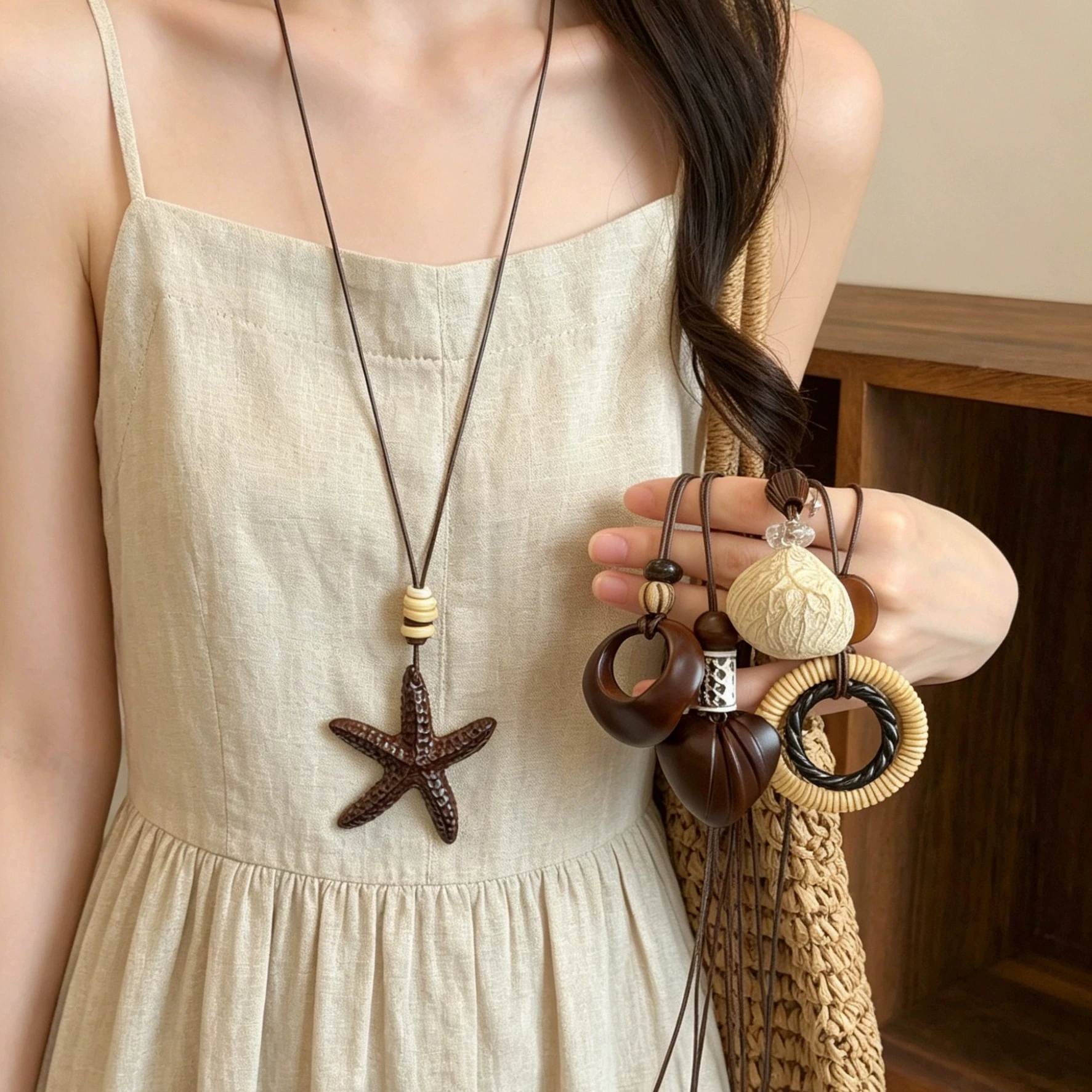 Trendy Vintage Brown Sea Star Wooden Geometric Pendant Necklaces For Women Long Adjustable Rope Sweater Chain Boho Neck Jewelry
