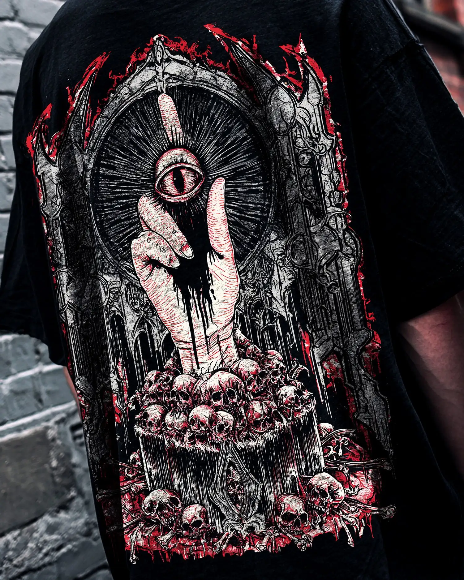 Men's Oversized Full View Skull Pattern T-shirt Gothic Mysterious Hand Bone Dark Metal Street Wear Loose Short Sleeved T-shirt