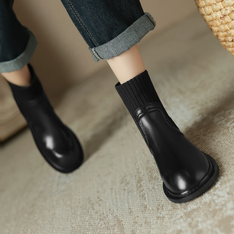 NEW Autumn/Winter Women Boots Round Toe Low Heel Boots Women Genuine Leather Shoes for Women Knit Female Ankle Boots Sock Boots