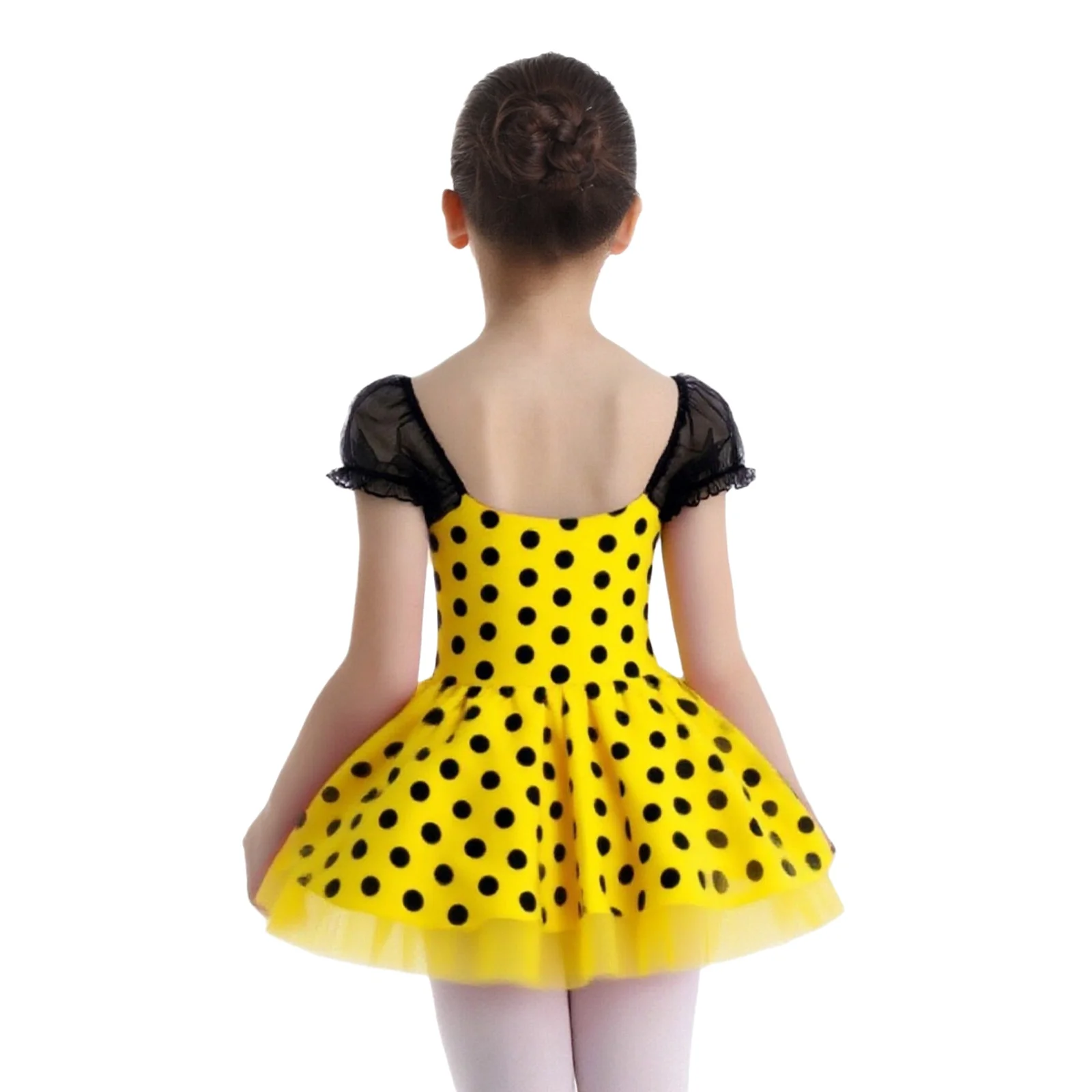 Vestido de baile con tutú de lunares para niñas, mangas cortas abombadas, lentejuelas brillantes, vestido de bloque de Color con bragas integradas para actuación de Ballet